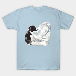 Black and white Dog in Kanagawa Waves T-Shirt